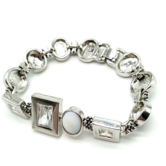 Lia Sophia Clear Cut Crystals Mother of Pearl Textured Links Rhodium Bracelet - Picture 9 of 14